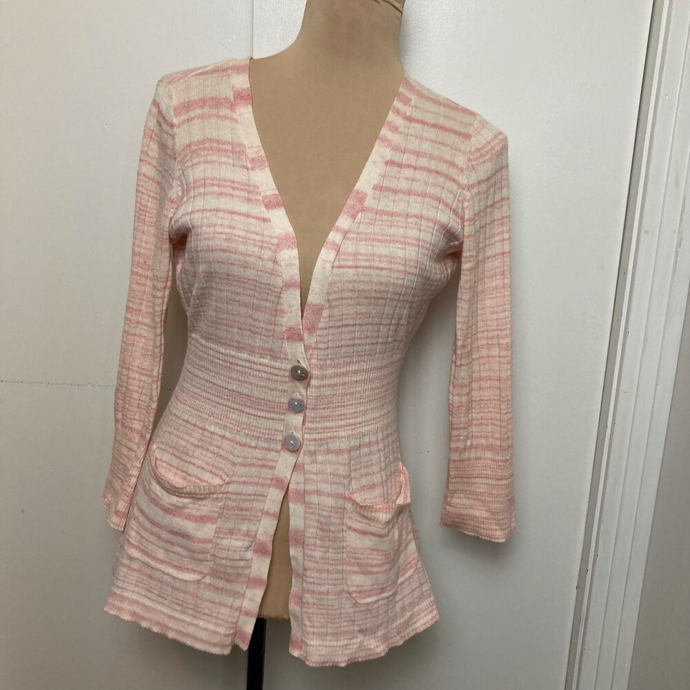 Calvin Klein V-Neck Ribbed Knit Cardigan Women M Pink White Striped ButtonOffice